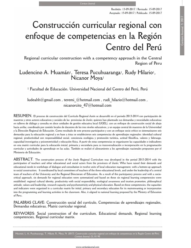 Construcción curricular regional con enfoque de competencias en la Región Centro del Perú