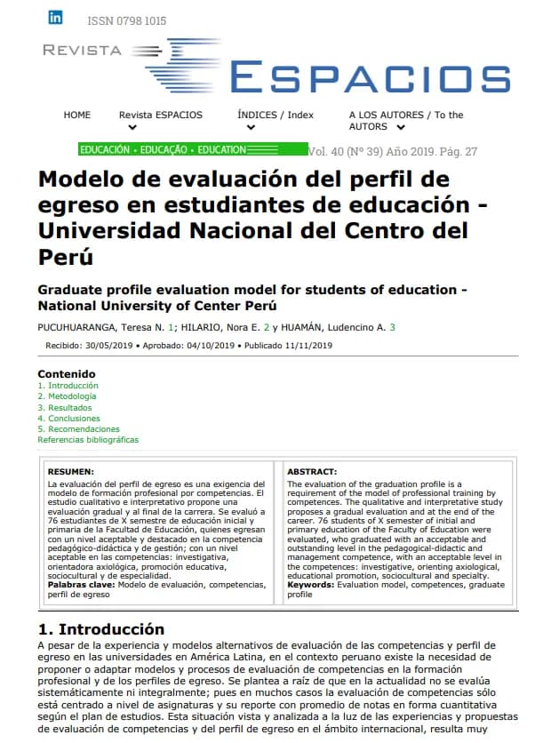 Modelo de evaluación del perfil de egreso en estudiantes de educación - Universidad Nacional del Centro del Perú