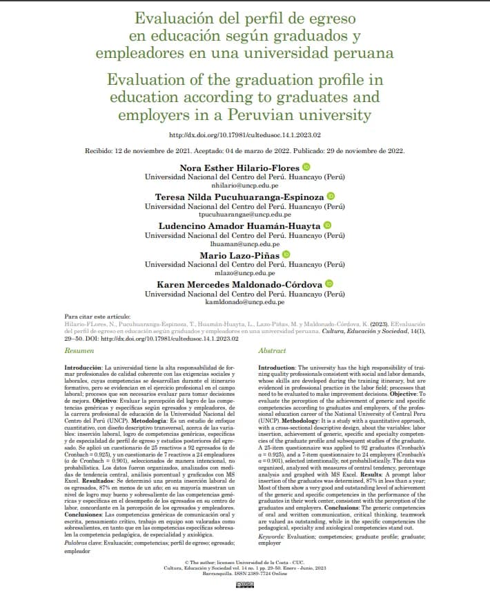 Evaluación del perfil de egreso en el grado de educación según egresados y empleadores en una universidad peruana