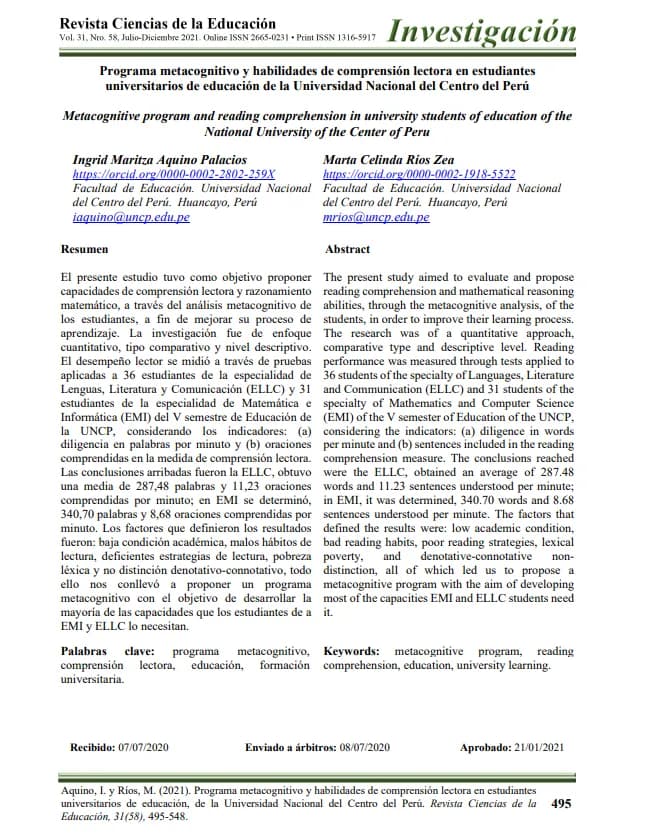Programa metacognitivo y habilidades de comprensión lectora en estudiantes universitarios de educación de la Universidad Nacional del Centro del Perú
