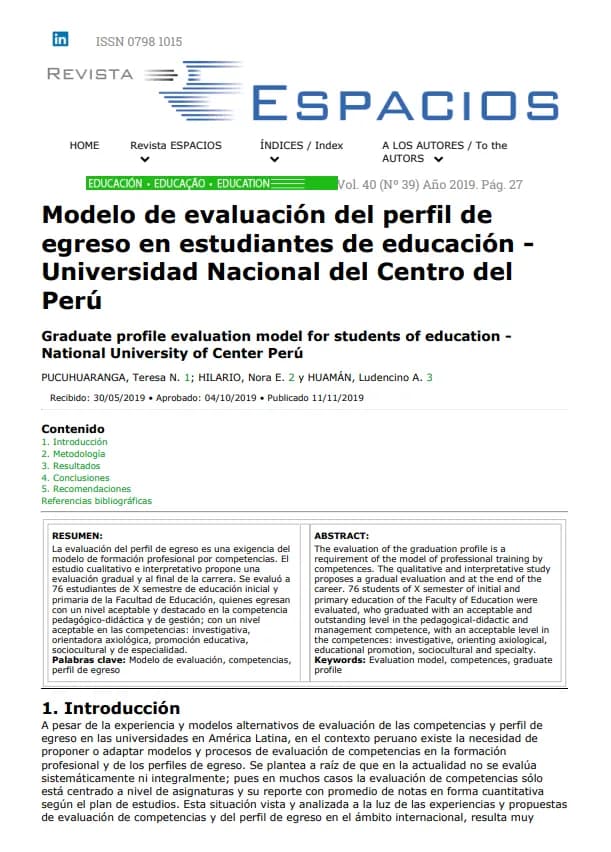 Modelo de evaluación del perfil de egreso en estudiantes de educación-Universidad Nacional del Centro del Perú